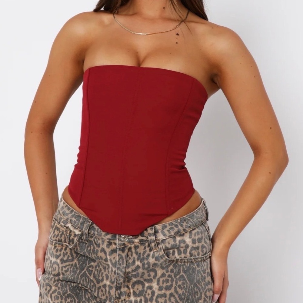 White Fox Boutique Strapless Red Corset Crop Top